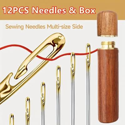 12 Pieces of Self Threading Gold Tail Needle Stainless Steel Handmade Needle Strap Wooden Storage Box Clothing DIY and Threading Art