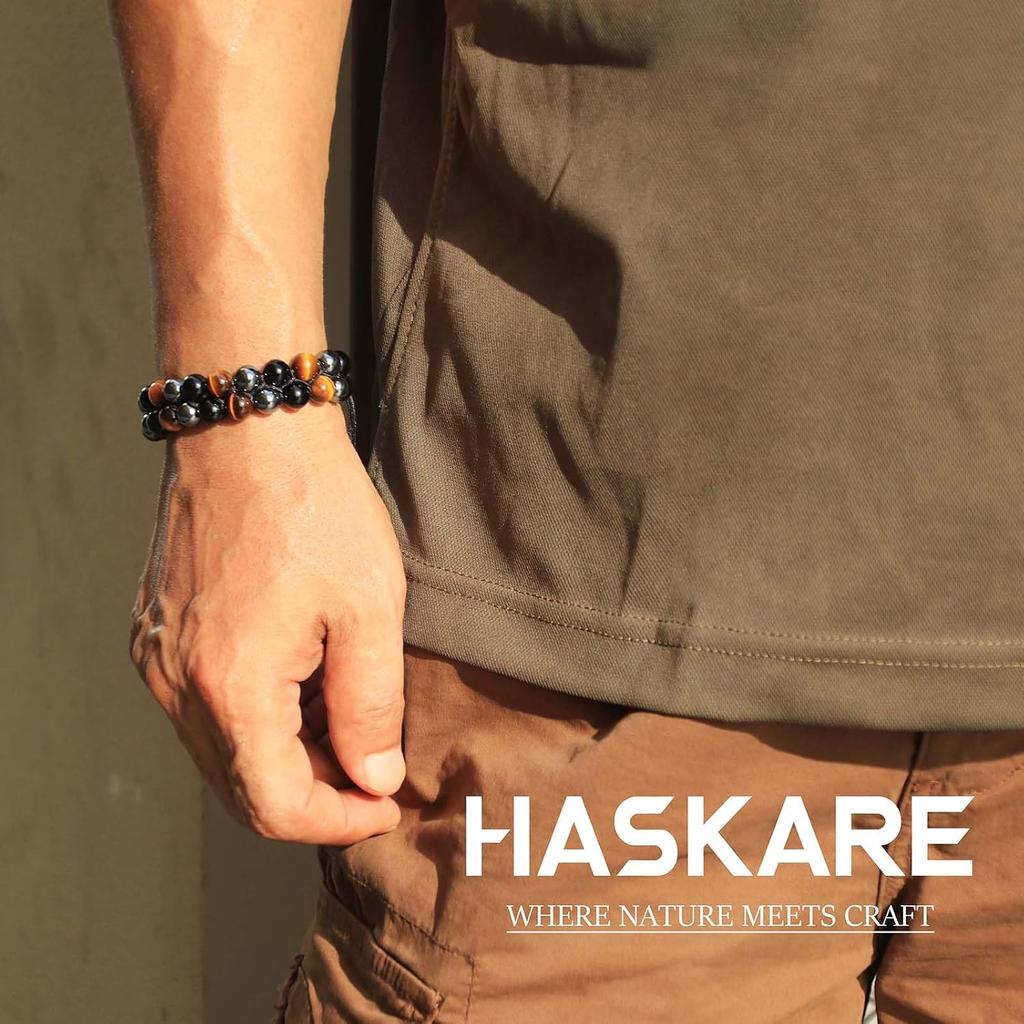 HASKARE Triple Protection Bracelet for Men - Genuine Tigers Eye Black Obsidian Hematite 8mm Natural Stone Beads Stretchy Healing Crystal Jewelry,