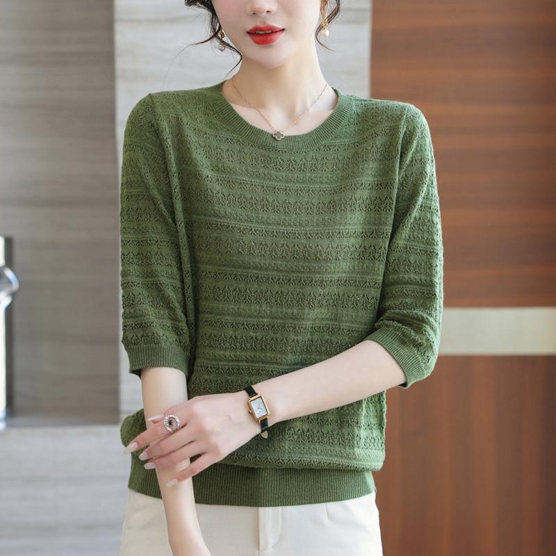 Summer Casual Hollow T-shirt Spring and Summer Mid Sleeve Knitted Sweater for Women