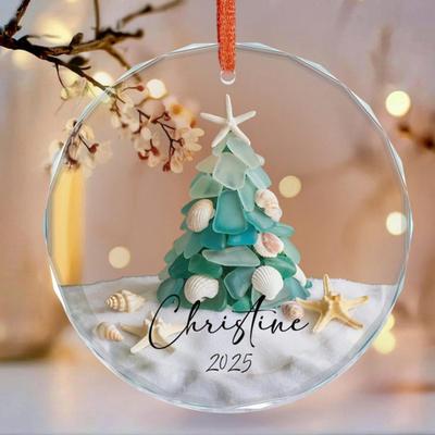 Sea Glass Christmas Ornaments Handcrafted Coastal Xmas Tree Ornament with Starfish Seashell Decor for Sea Lovers Holiday Party Decor