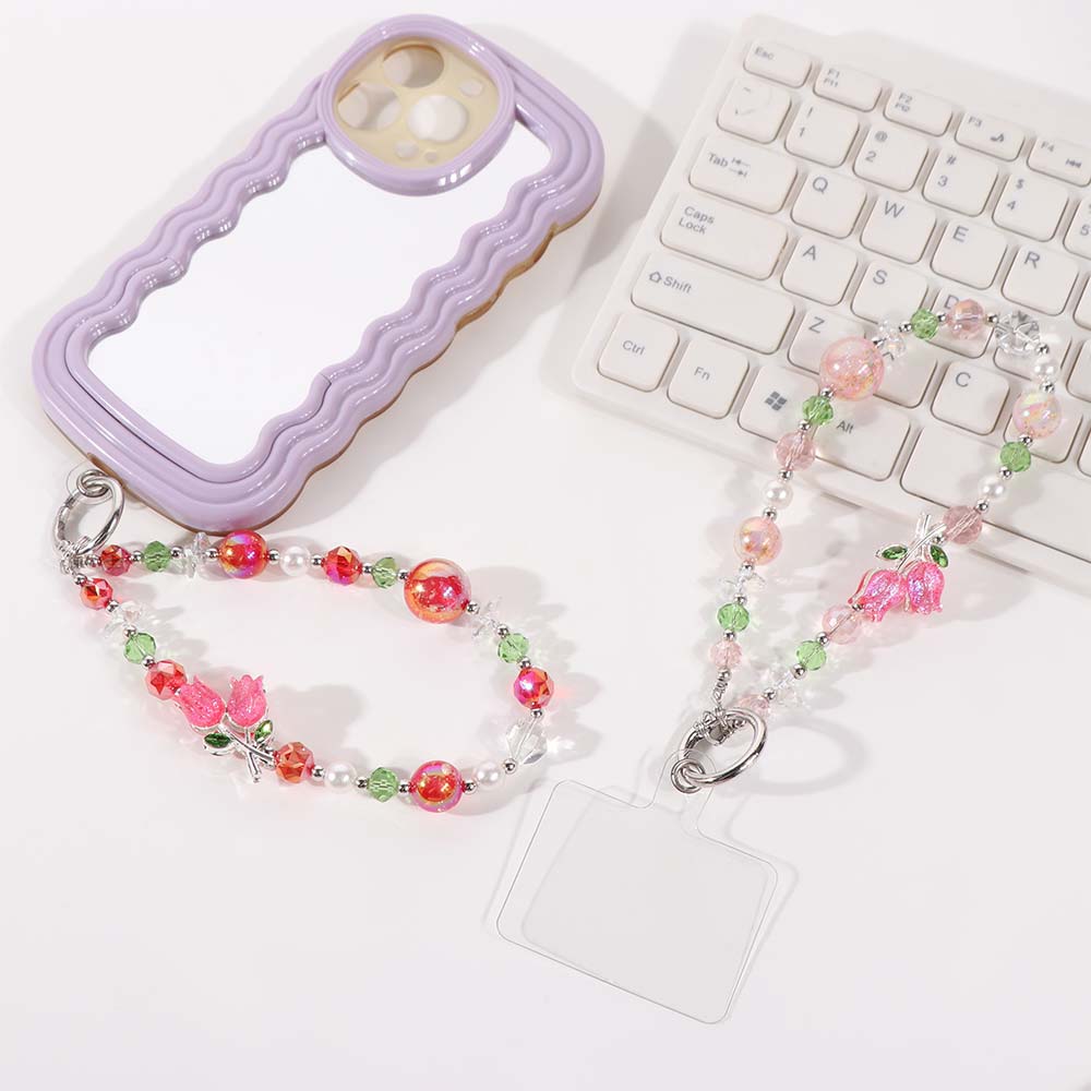 Tulip Flower Cell Phone Chain Pearl Mobile Phone Lanyard  Phone Case Accessories