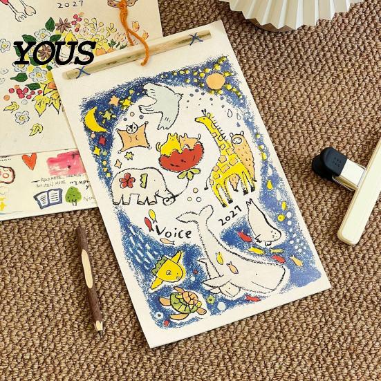 Dekoratives Wandpapier 2027 Tier-Doodle-Kalender, Niedliche handgezeichnete Illustration Hängender Planer mit zweimonatigem Zeitplan-Organisator Baumwollschnur,