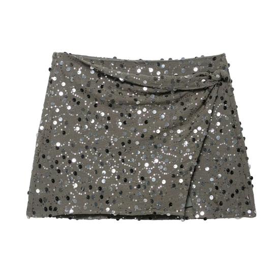 Women Sequins Mini Skirt with Cross Front Twist Detail Side Slit Hidden Zipper Closure Nightclub Short Skirt