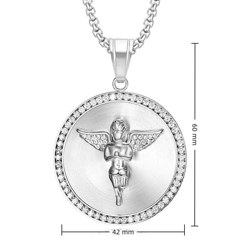 Hip Hop Iced Out Big Angel Pendant Male Gold Color Stainless Steel Round Necklace for Men Punk Fashion Jewelry Birthday Gift