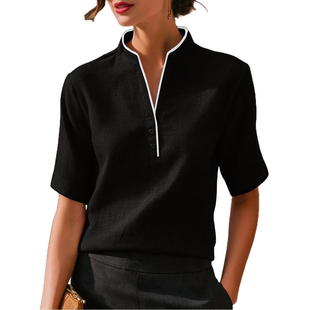 Camicetta Casual da Donna a Maniche Corte con Piccolo Collo Rialzato e Scollo a V, Bottonata, Leggera, Top Estivo per l'Uso Quotidiano