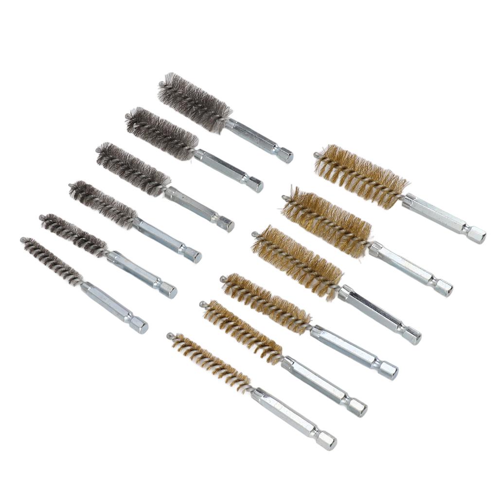 12PCS Bore Brush Copper and Iron 304 Stainless Steel Bristles Wire Brush for Power Drill with Hex