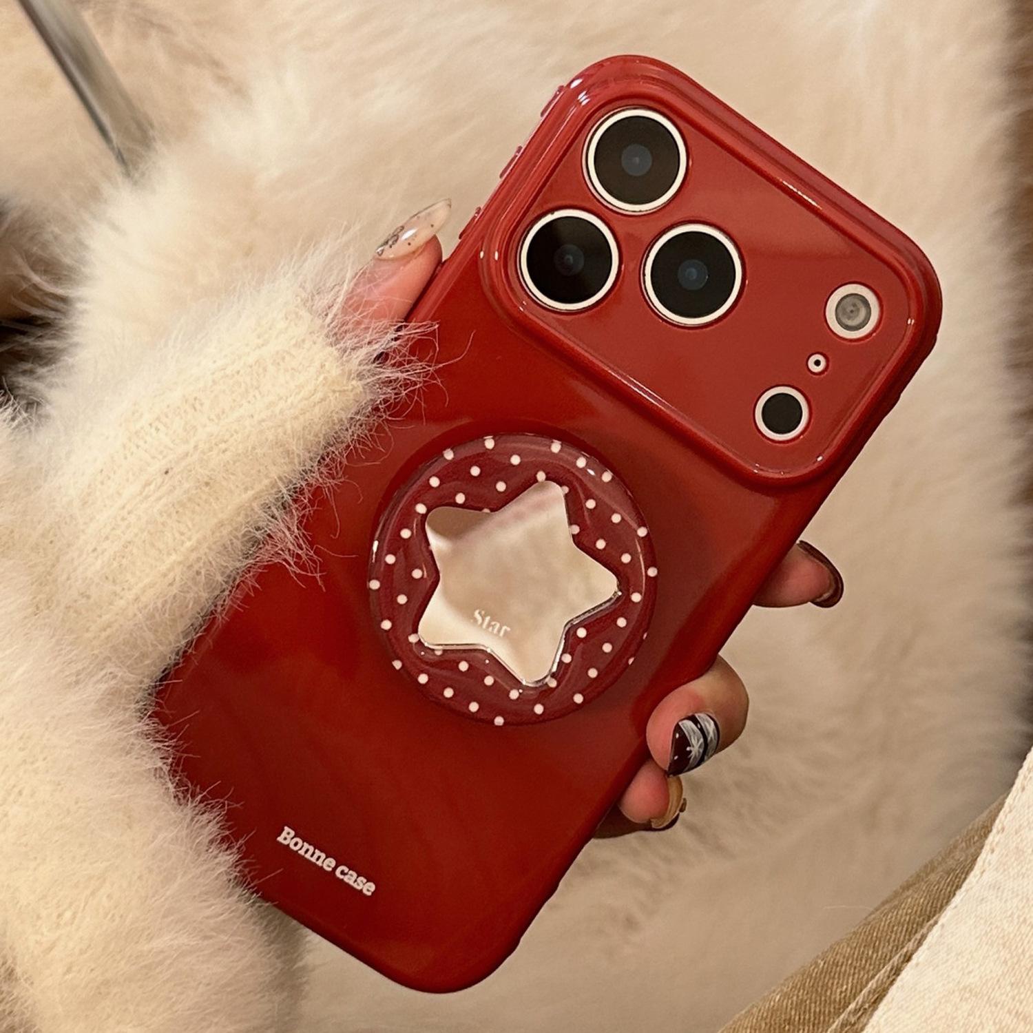

Cute Star Pop Socket Red Glossy Phone Case for iPhone, Sweet Polka Dot Protective Cover 17promax fine hole