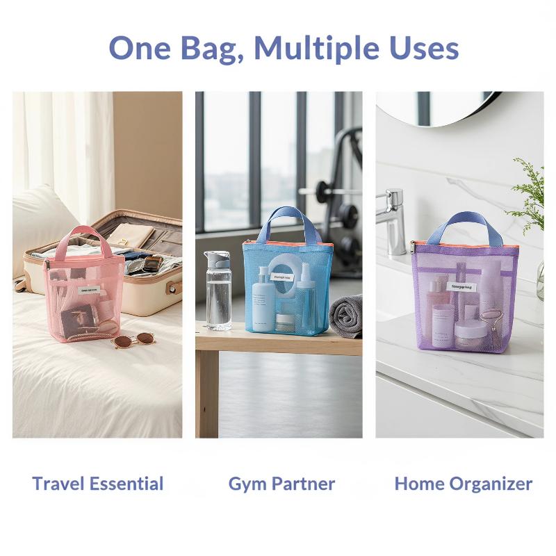 Breathable Mesh Cosmetic Storage Bag With Secure Zipper Comfortable Handle For Daily Travel Makeup Skincare Organization