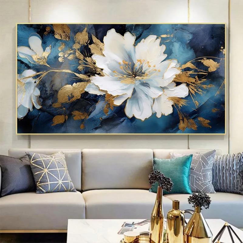 Blue White Flower Boho Large Size Long Poster Wall Art Canvas Modern Painting Print Picture Living Room Home Interior Decor