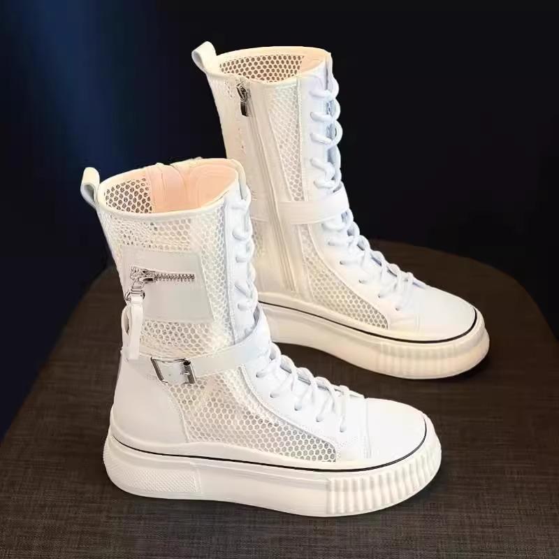 

High-top soft leather cool boots women s 2025 new summer thin breathable casual versatile British platform short boots Martin boots 40 белый