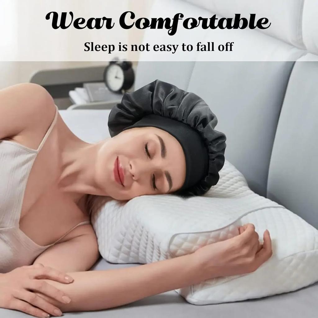 Cuffia per capelli in raso da donna per la cura dei capelli durante il sonno, cuffie in seta, cappello da notte a tesa larga con fascia elastica morbida