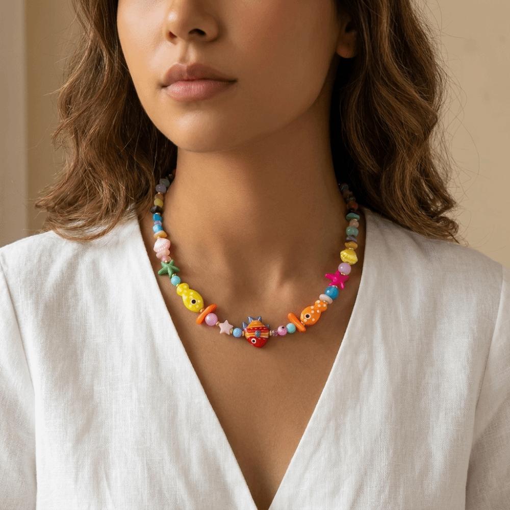 Resin Colorful Fish Necklace Ceramic Beaded Necklace Lovely Fish Charms Pendant  Vacation