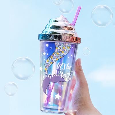 420ml Water Cup with Straw Double Wall Heat Insulated BPA Free Leak-proof Drinkware Plastic Mermaid Pattern Sippy Cup for School