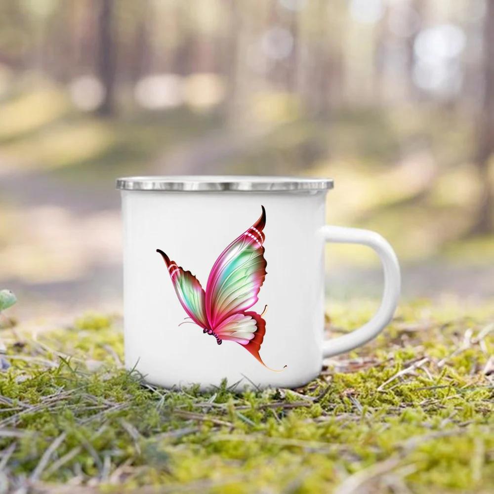 

Butterfly Flower Print Mug Creative Coffee Cup Water Milk Cups Camping Mugs Handle Drinkware Campfire Camper Enamel Mug Gifts 360ml