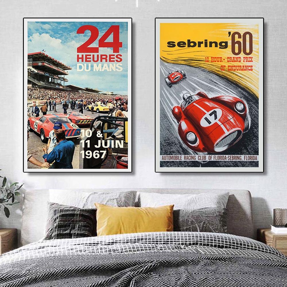 24 Hours of Le Mans Canvas Posters Print Sports Car Pictures Vintage Wall Art Paintings for Home Living Room Bar Decor Framless