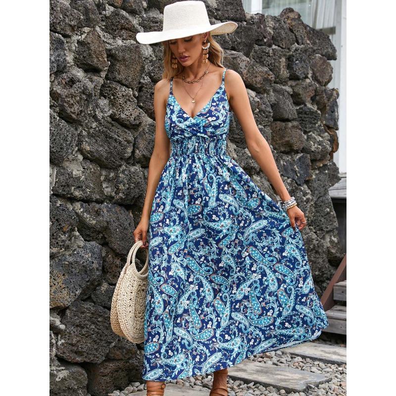 Summer Floral Printing Suspender V-neck Dress Women Elegant Loose Slim Waist Holiday A-line Party Dresses Sleeveless Fashion Casual Women's Clothing