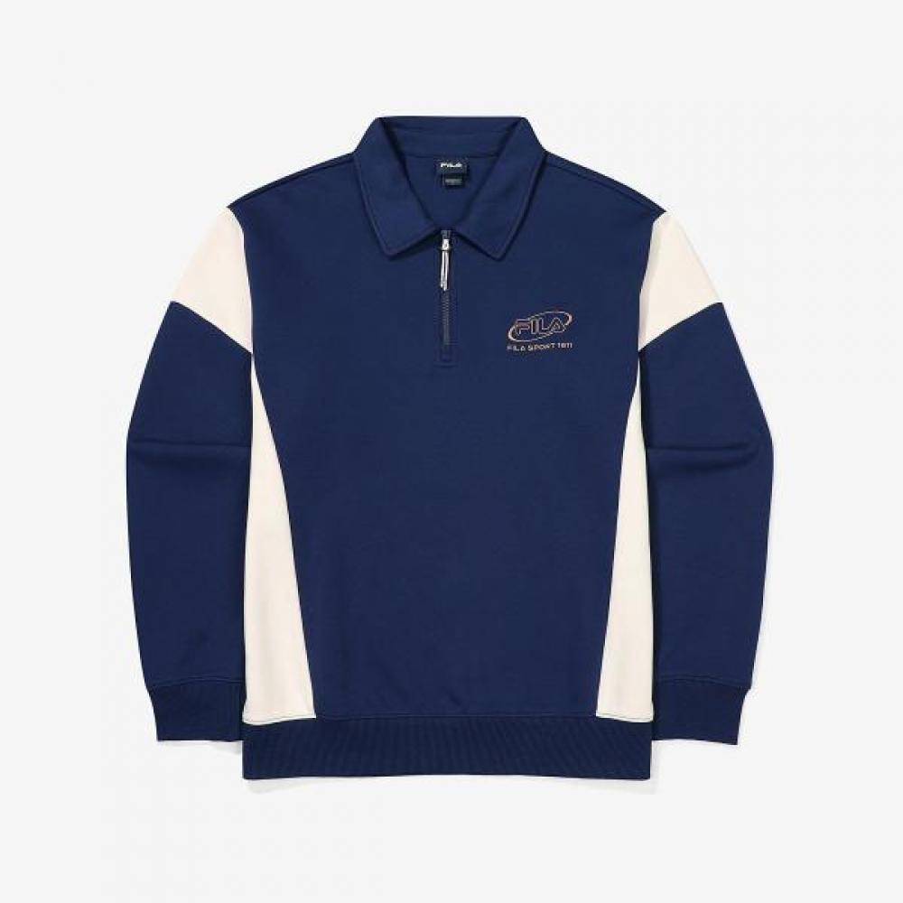 Fila Color Block Cotton Blend Collar Half Zip Sweatshirt NAVY/100