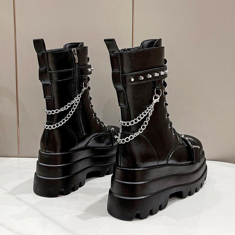 Season Women's Heightening Boots Medium Tube Versatile Shoes British Style Martin Boots Large Size Women's Shoes Round Head Thin Boots