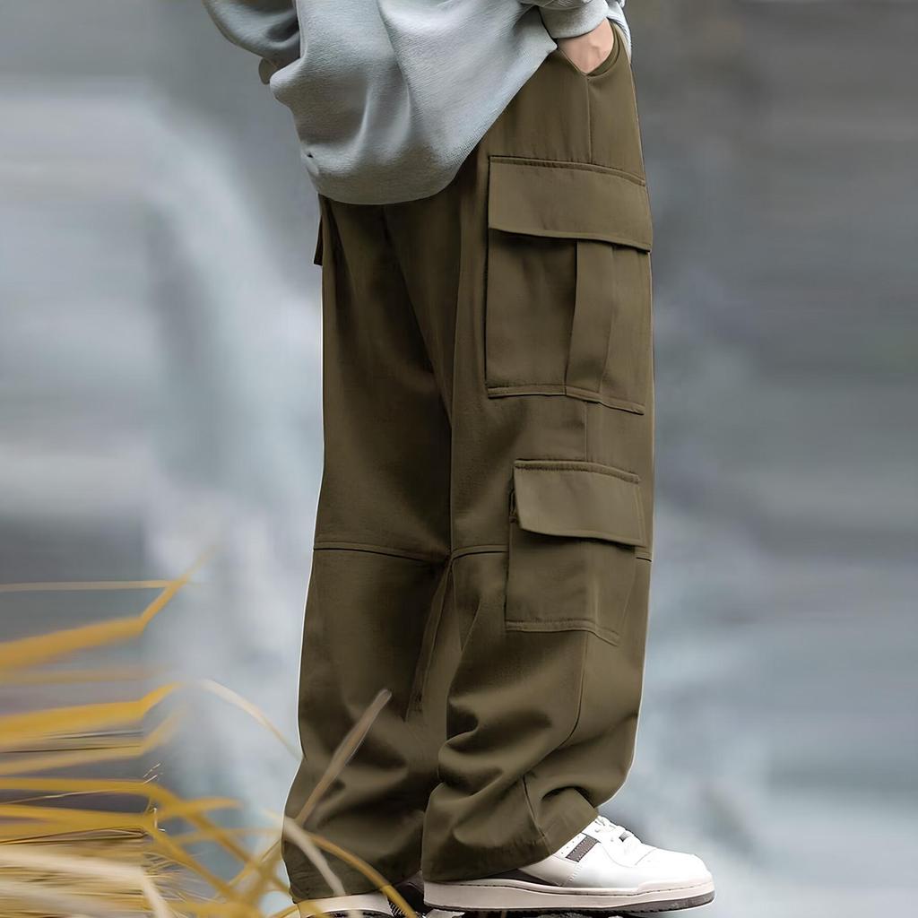Men's Loose Casual Multi-pocket Work Pants, Youth Stretch Waist Drawstring Pants