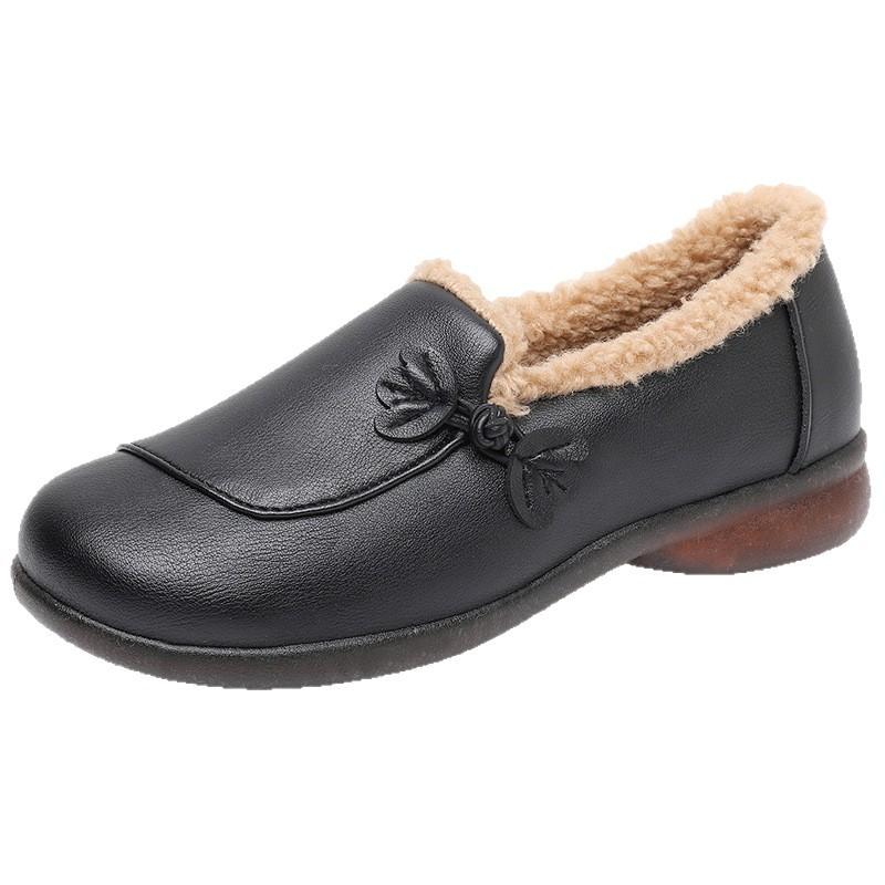 Winter Velvet Beanie Shoes Women's Soft-soled Leather Shoes One Pedal Fluffy Shoes Mother Shoes Cotton Shoes Middle-aged and Elderly Velvet Winter