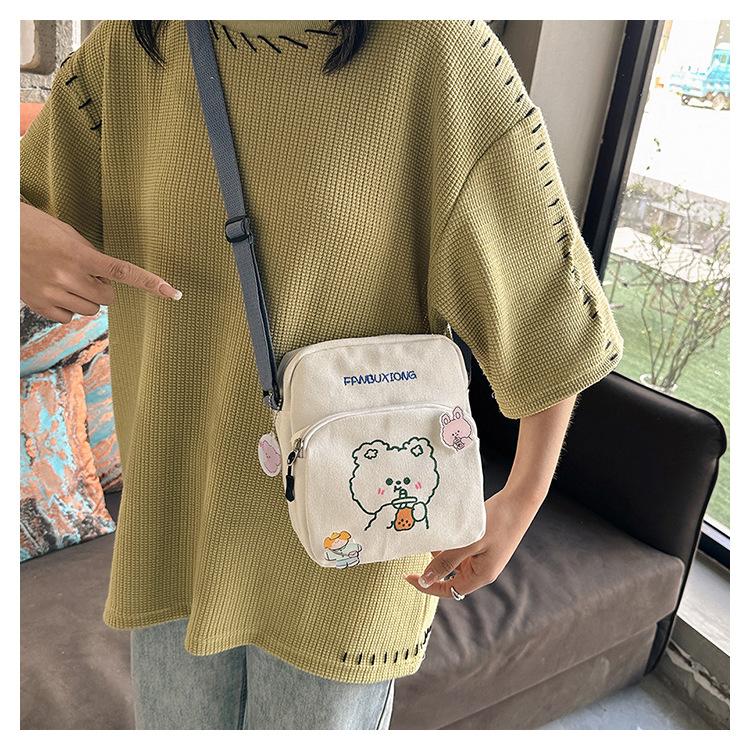 Cute Cartoon Canvas Mobile Phone Bag 2025 New Printed Trendy Portable Sweet Shoulder Messenger Bag Pocket Money