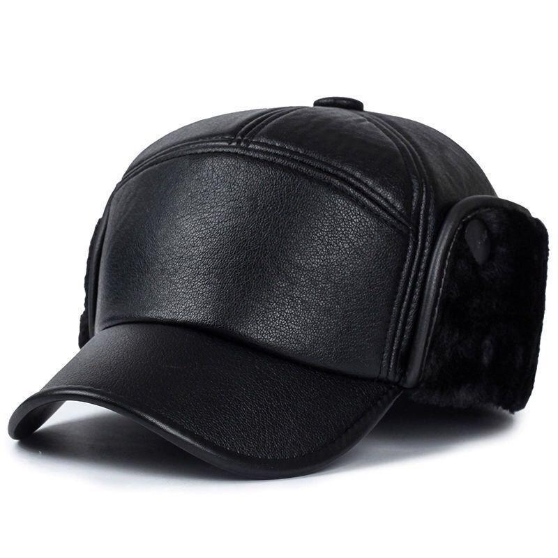 Chapéu de Inverno de Couro com Lã para Homens de Meia-Idade e Idosos - Boina à Prova de Vento e Protetora de Orelhas