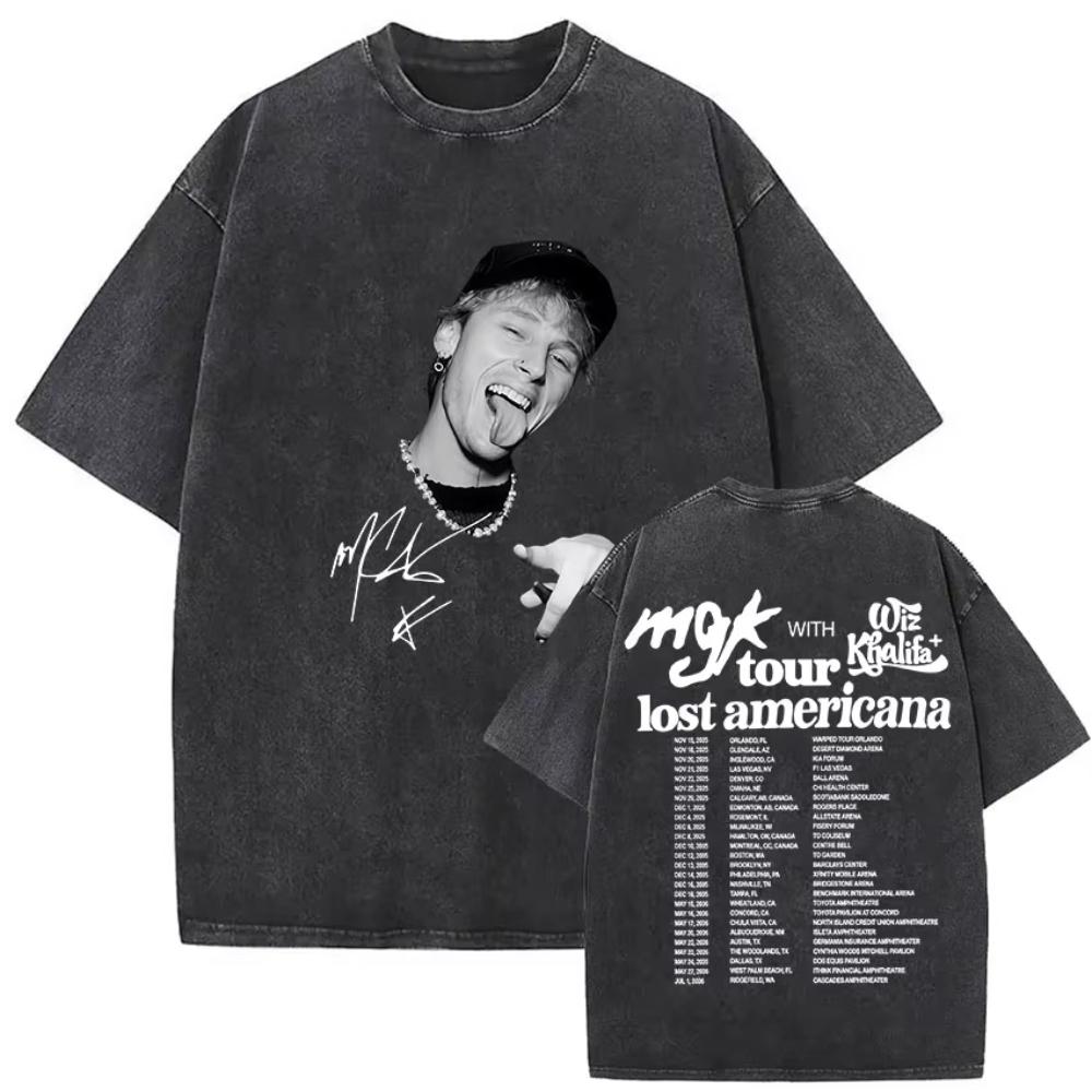 Vintage Washed MGK Lost Americana Tour Print Tshirts Men Women Harajuku High Quality Fashion Oversized Cotton T Shirt