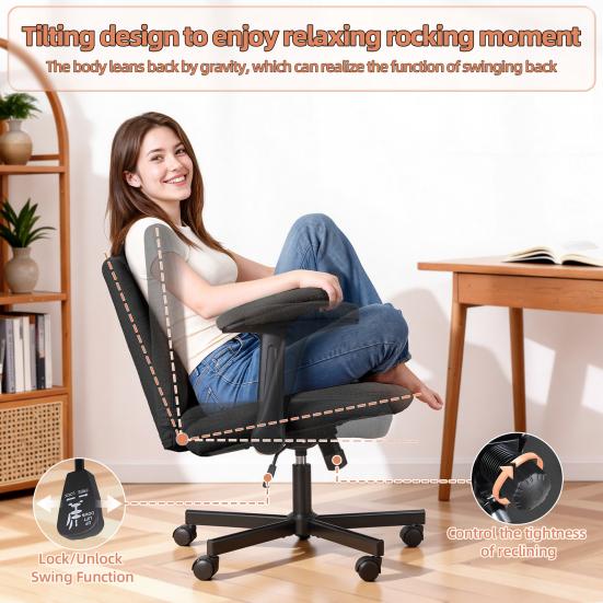 Cross-Legged Office Chair with Wheels & Adjustable Flip-up Arm, Desk Chair with Backrest, Thick Cushion, Wide Seat, Computer Chair for Home, Office,