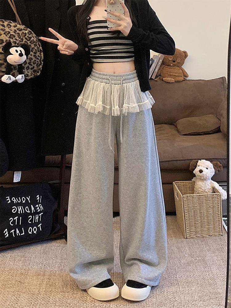 

Женские черные брюки-джоггеры с высокой талией и широкими штанинами, с кружевными вставками, на кулиске, свободного кроя - Зимние Medium