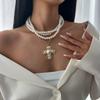 DIEZI Multilayer Vintage Imitation Pearl Cross Pendant Necklace For Women Punk Statement Chokers Clavicle Chain Necklace Jewelry