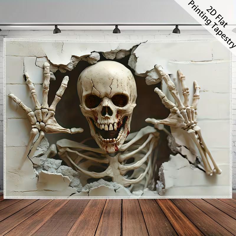 2D Spooky Skeleton Tapestry for Halloween Scary Skull Breaking Wall Hanging for Living Room Bedroom