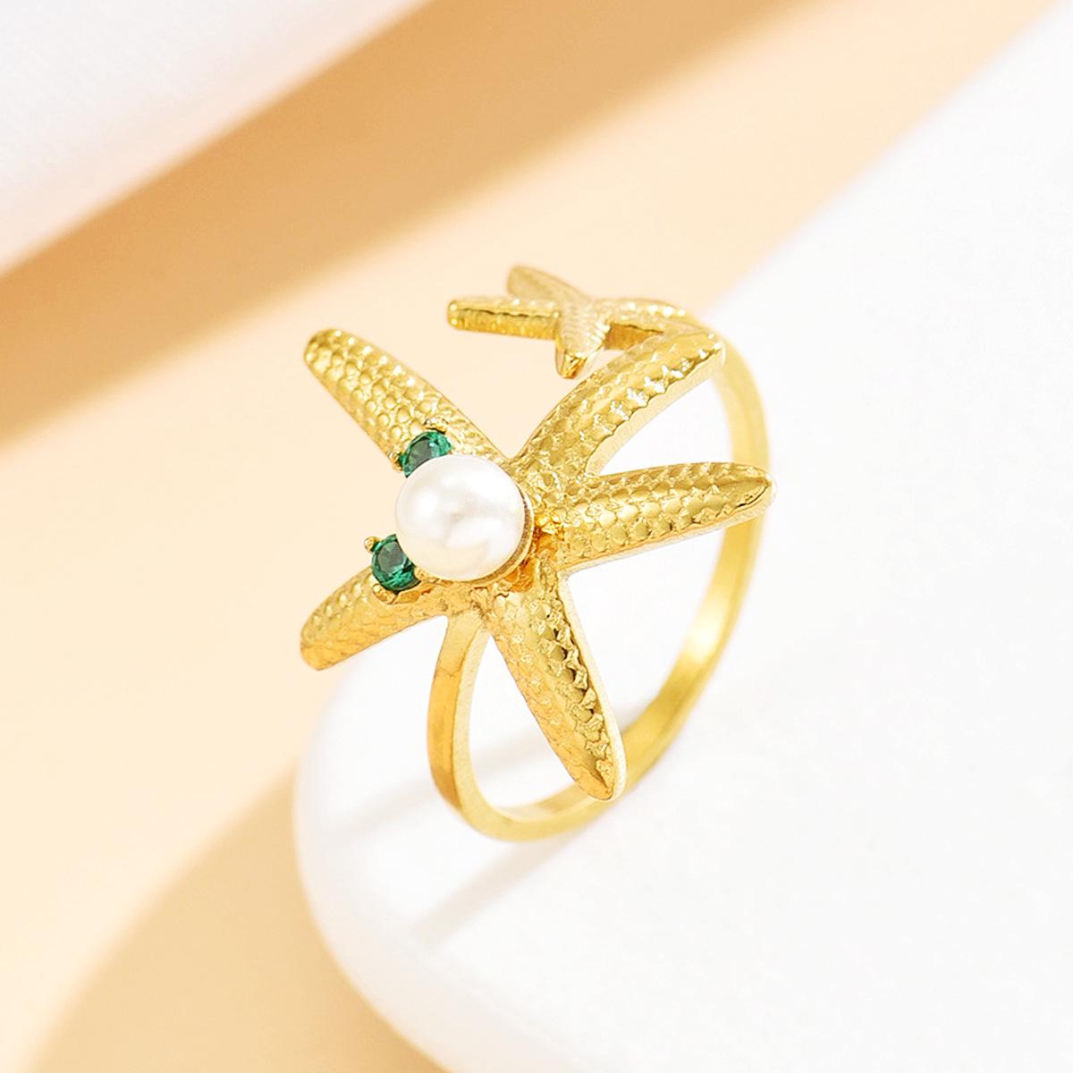 Resort Style Starfish Rhinestone Stainless Steel Ring with Colorful Zirconia