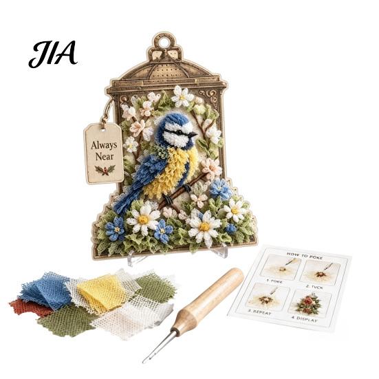 Handgemachtes Blume Vogel Handwerk 3D Stoff Stecherei Kunst-Kit, DIY Erinnerungs-Laterne Florales Einweihungsgeschenk für Naturliebhaber Und Muster, Punch Needle