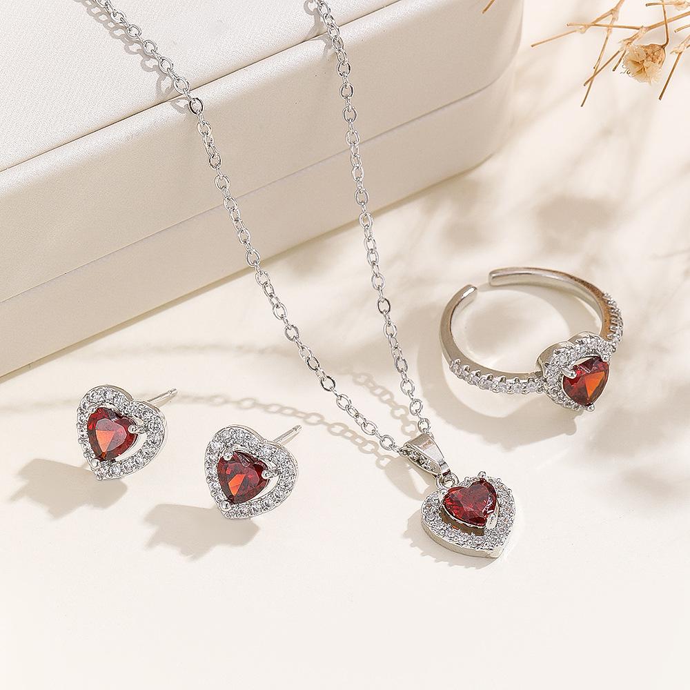 Fashion Wedding Jewelry Set For Women Crystal Heart Pendant Necklace Ring Stud Earring Bride Engagement Jewelry Gift