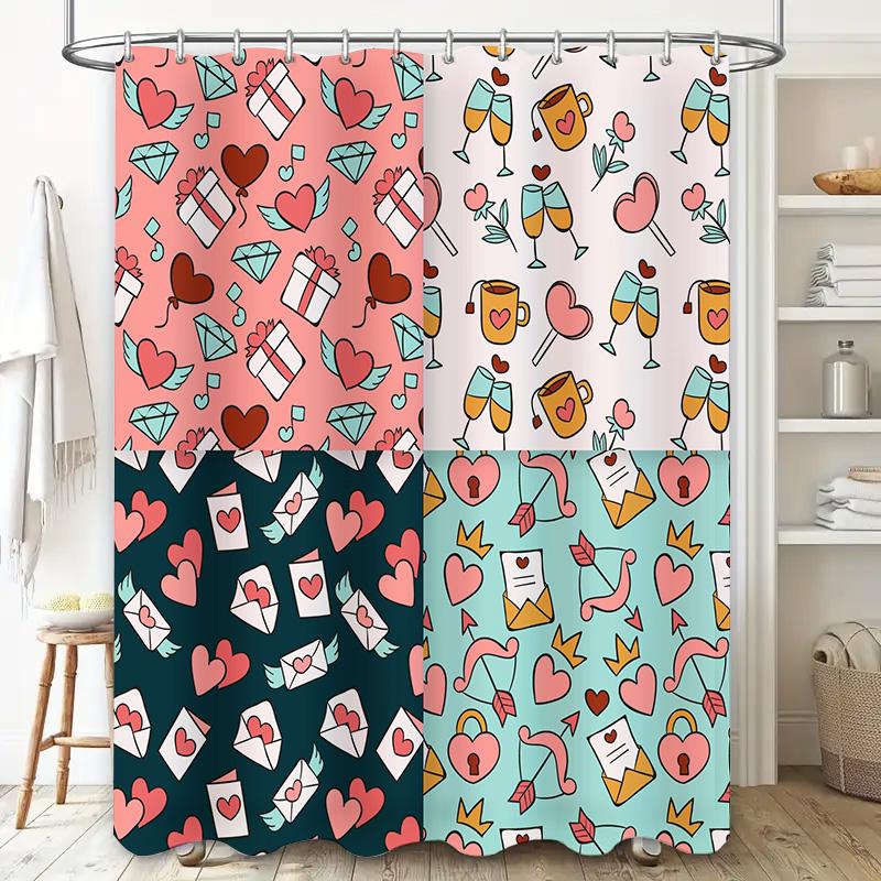 Romantiskt Hjärta Duschdraperi Set Alla Hjärtans Dag Dekor med Gåvor Cupcakes för Badrum Rosa Blå Grön Vit Svart Design Patt