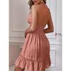 Abito Halter senza schiena, Abito da festa con vita arricciata e volant, Abbigliamento da donna