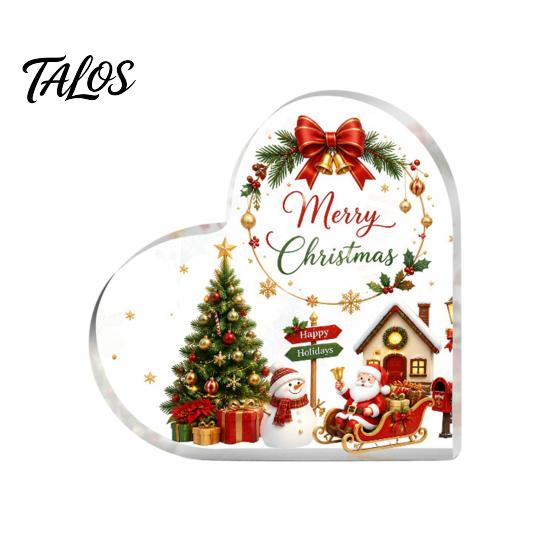 Romantic Christmas Gifts Heart Shaped Acrylic Tabletop Sign, 2D Winter Snow Scene Desktop Ornament Holiday Centerpieces with Santa, Snowman