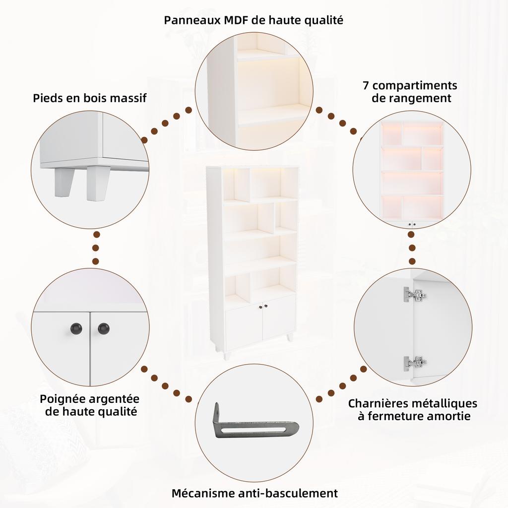 80x30x173cm Bookshelf, Solid Wood Legs, Multiple Storage Compartments, Double Doors, LED Color-Changing Ambient Light, App Control, White