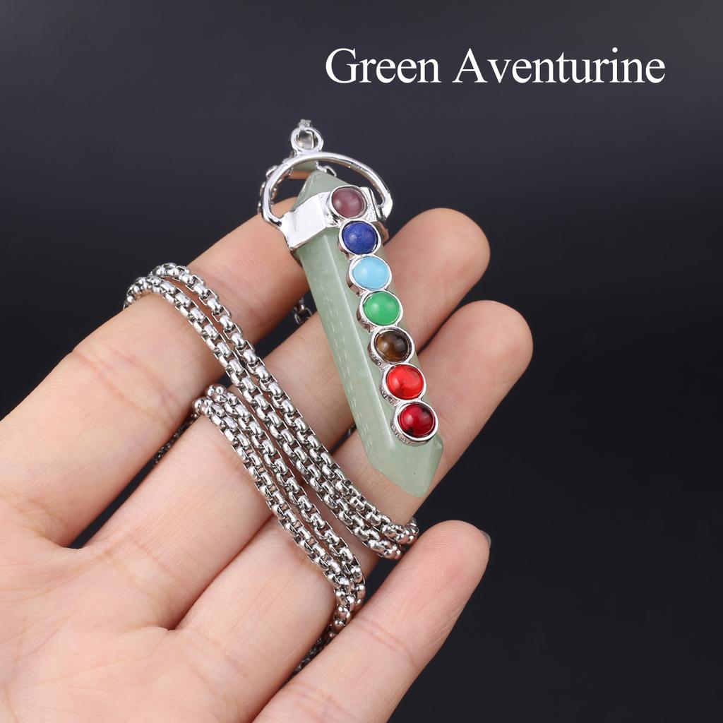 1Pc, Spiritual Healing Crystal Pendant Necklace, Geometric Double-pointed Hexagonal Pyramid Inlaid Seven Chakra Gems Charms Necklaces for Women Men