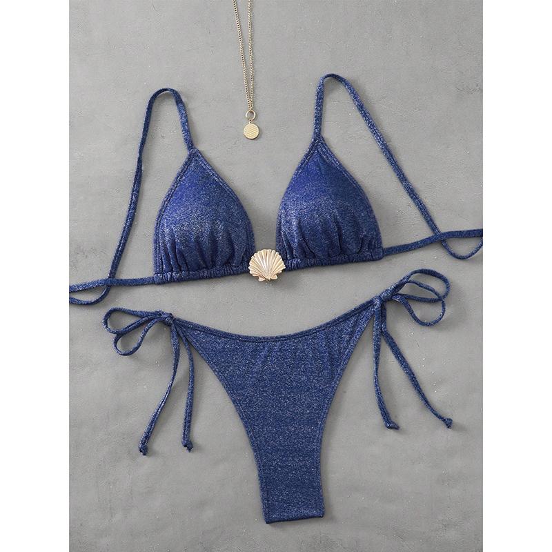 

Новый дизайн ракушки бикини Женский купальник на бретелях Популярный раздельный купальник Элегантная женственная пляжная одежда L синий