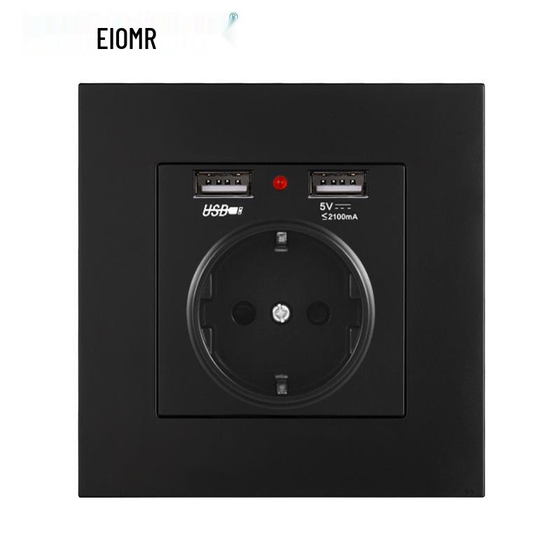 Black 16A German Standard Socket Panel with Double USB + Type C, Concealed European Installation