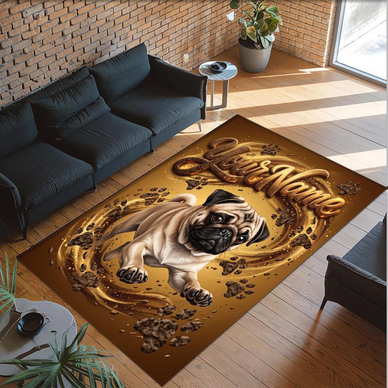 Pug Theme Crystal Velvet Floor Rug Personalized Custom Name Text Warm Carpet Home Decoration