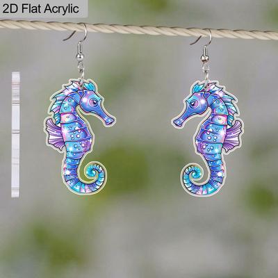 2D Flat Summer Beach Seahorse Acrylic Earrings for Women Cute Acrylic Seahorse Dangle Drop Earring Lightweight Ocean Themed Jewelry Vacation Style