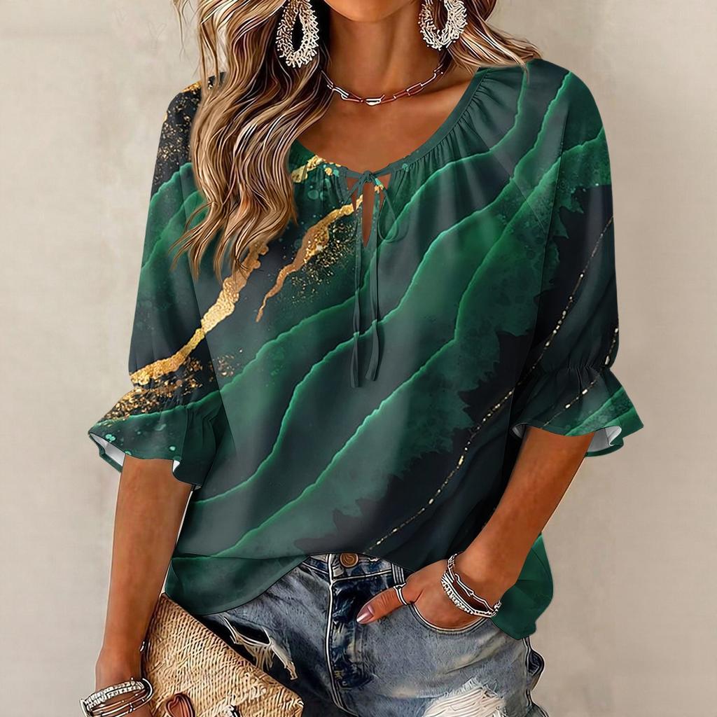 Women's Vintage Floral Print Blouse with Tie Neck and Ruffle Three-Quarter Sleeves