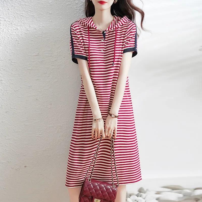 Short Sleeve Dress Women s Summer 2026 Summer Women s Elegant Fashion Striped Hooded Loose Medium and Long Contrasting Skirt M