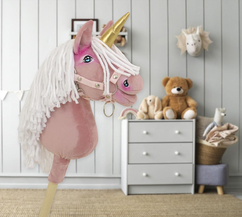 Hobby Horse Einhorn am Stock, Klein, Staubrosa, mit Weißer Mähne und Goldenem Horn