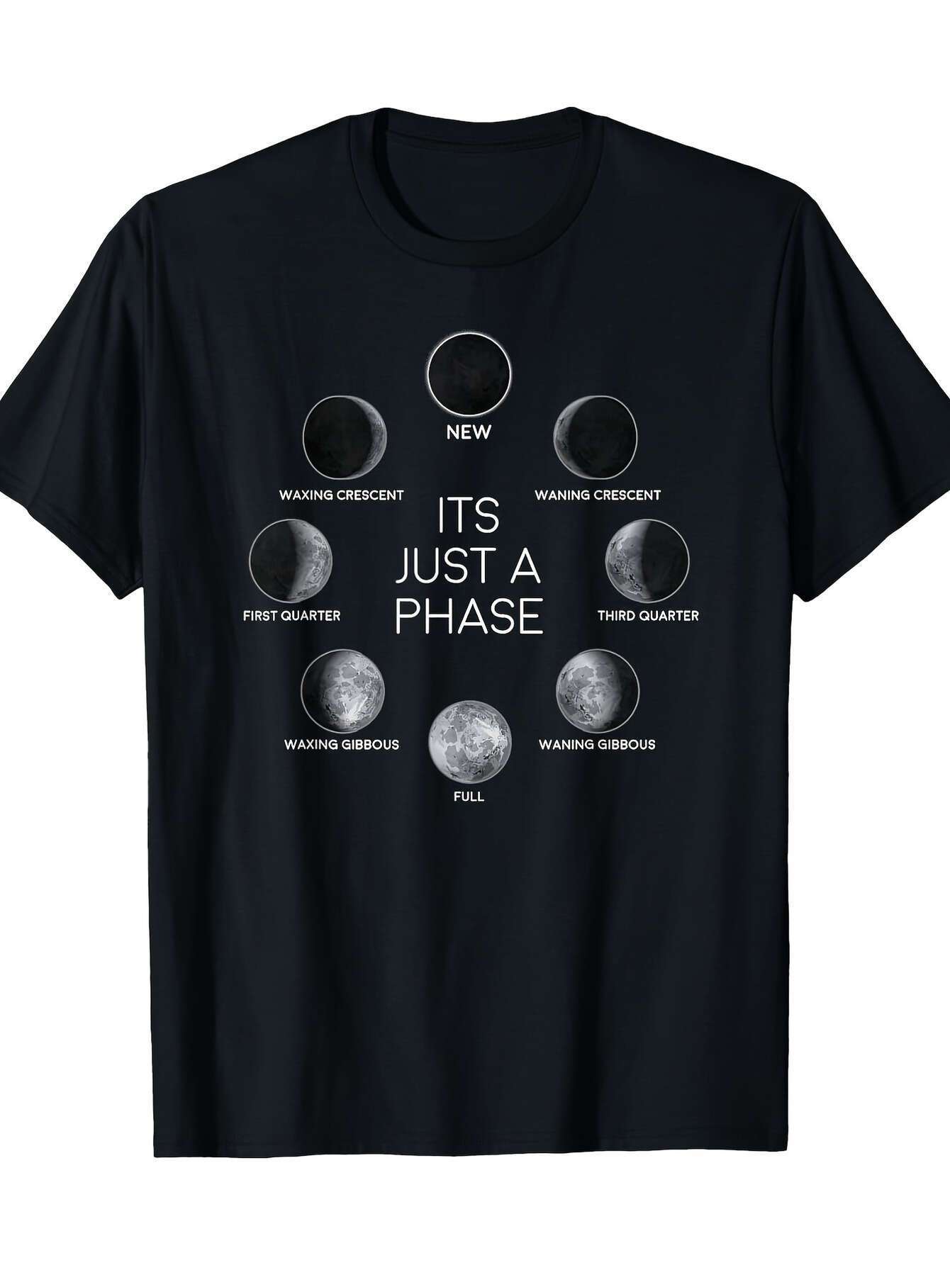 

Moon Phase Graphic T-shirt - 100% Cotton Slim Fit Black Tee with Lunar Cycle Design & Humorous Text L