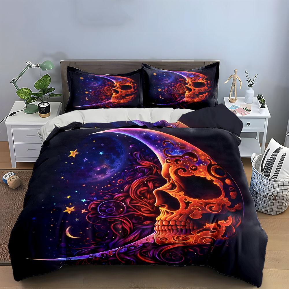 Mystical Moon and Skull Art Bedding Duvet Cover Set (1*Duvet Cover 2*Pillowcases, Without Duvet Insert)