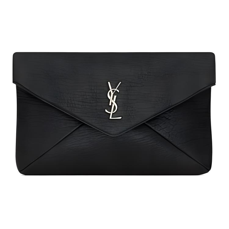 Saint Laurent Silver Logo Front Flap Grainy Lambskin Envelope Clutch Bag Large Men clutch Black 778181-AACIA-1000