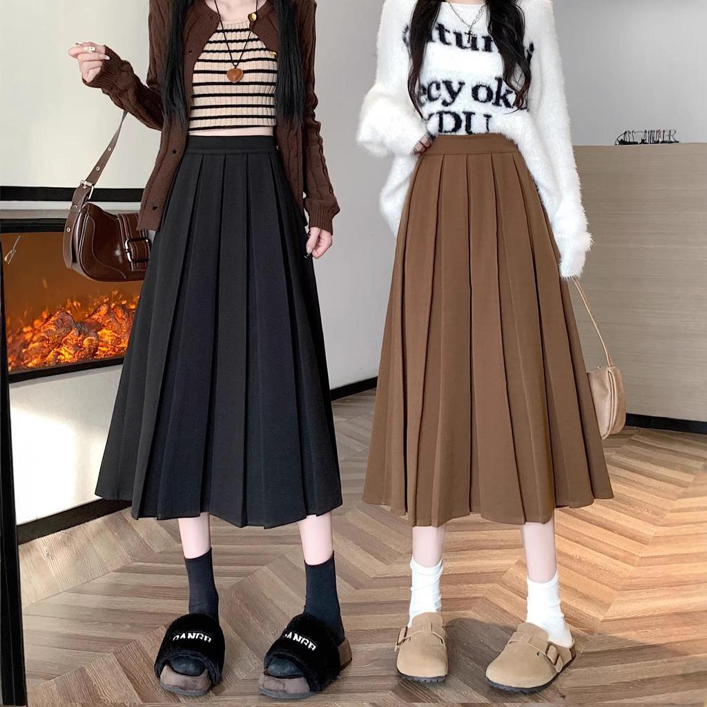 Plus Size Women's Woolen Pleated A-Line Midi Skirt, Age-Reducing Chic Design, Solid Color.